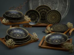 CreaTable 23588 Tafelservice Mandala Für 4 Personen, Steinzeug, Schwarz/gold (1 Set, 12-teilig)