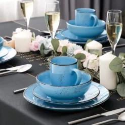 Vancasso Serie Navia Oceano, 16 Teilig Essservice Set Aus Steingut, Tafeiservice Für 4 Personen, Wasserblau, Vintage Aussehen, Natur Design -LuxeTafel Verkäufe 0716ca1014206be5b32d7329105b29f4