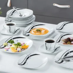 VEWEET, Serie 'Fiona', 100-teilig Porzellan Tafelservice Set, Kombiservice Mit Dessertteller, Speiseteller, Suppenteller, Müslischalen, Kaffeebecher, Kaffeetassen Set, Eierbecher, Milch- Und Zuckerset -LuxeTafel Verkäufe 1f81b87145a95e42484bef2381e72c3a