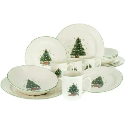 CreaTable 14959 Kombiservice Tannenbaum Für 4 Personen, Steingut, Creme/grün (1 Set, 16-teilig)