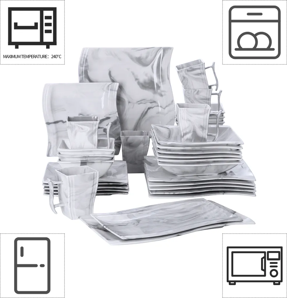 MALACASA, Serie Flora, 32 Tlg. Marmor Porzellan Geschirrset Kombiservice Tafelservice Mit 6 Schalen, 6 Dessertteller, 6 Suppenteller, 6 Speiseteller, 6 Becher Und 2 Rechteckige Servierplatte 10 MALACASA, Serie Flora, 32 Tlg. Marmor Porzellan Geschirrset Kombiservice Tafelservice Mit 6 Schalen, 6 Dessertteller, 6 Suppenteller, 6 Speiseteller, 6 Becher Und 2 Rechteckige Servierplatte – Bild 10