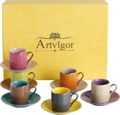Titelseite 16 Artvigor, Porzellan Kaffeeservice, Bunt 12 Teilig Kaffee Set, Mit 6 Espressotassen 80 Ml, 6 Untertassen, Mehrfarbig