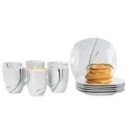 Titelseite 24 Van Well Frühstücksservice Silver Night, 12tlg 6 Personen, 6 Kaffeebecher + 6 Teller, Linien-Dekor