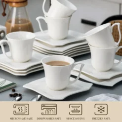 MALACASA, Serie Amparo, 36 Teilig Set Cremeweiß Porzellan Kaffeeservice Dessertteller Kaffeetasse Mit Untertasse -LuxeTafel Verkäufe a5dbb72af98f894549c593e77669849b