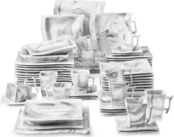 MALACASA, Serie Flora, 60 Tlg. Marmor Porzellan Geschirrset Kombiservice Tafelservice Mit Je 12 Kaffeetassen, 12 Untertassen, 12 Dessertteller, 12 Suppenteller Und 12 Flachteller