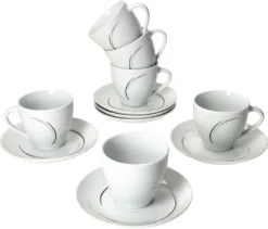 Van Well 18tlg. Kaffee-Service Home Für 6 Personen I 6x Tasse 180ml, 6x Untertasse + 6x Kuchenteller I Porzellan-Geschirr Mit Streifen In Grau, Schwarz & Creme I Kaffeepott, Dessert-Teller -LuxeTafel Verkäufe caf512b146906008b2f9a9747a800b61