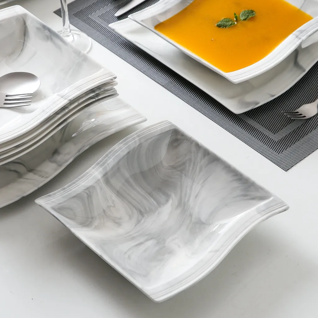 MALACASA, Serie Flora, Marmor Porzellan Tafelservice 12 Teiligen Set Kombiservice Geschirrset Mit Je 6 Speiseteller Und 6 Suppenteller Für 6 Personen 4 MALACASA, Serie Flora, Marmor Porzellan Tafelservice 12 Teiligen Set Kombiservice Geschirrset Mit Je 6 Speiseteller Und 6 Suppenteller Für 6 Personen – Bild 4