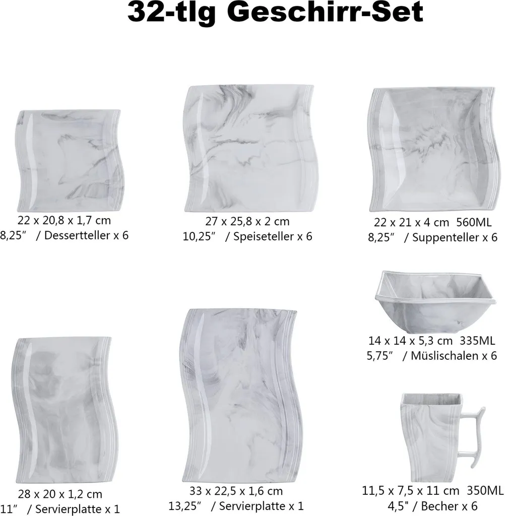 MALACASA, Serie Flora, 32 Tlg. Marmor Porzellan Geschirrset Kombiservice Tafelservice Mit 6 Schalen, 6 Dessertteller, 6 Suppenteller, 6 Speiseteller, 6 Becher Und 2 Rechteckige Servierplatte 2 MALACASA, Serie Flora, 32 Tlg. Marmor Porzellan Geschirrset Kombiservice Tafelservice Mit 6 Schalen, 6 Dessertteller, 6 Suppenteller, 6 Speiseteller, 6 Becher Und 2 Rechteckige Servierplatte – Bild 2