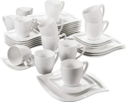 MALACASA, Serie Elvira, 36 Teilig Cremeweiß Porzellan Geschirrset Tafelservice Kaffeeservice Mit Tassen, Untertassen, Dessertteller Für 12 Person