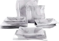 MALACASA, Serie Flora, Marmor Porzellan Tafelservice 12 Teiligen Set Kombiservice Geschirrset Mit Je 6 Speiseteller Und 6 Suppenteller Für 6 Personen